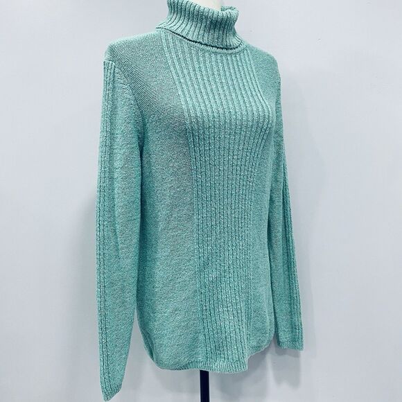 SUNDANCE L Turquoise Toasty Tweed Rib Knit Turtleneck Sweater Soft Cozy Winter - Picture 3 of 16
